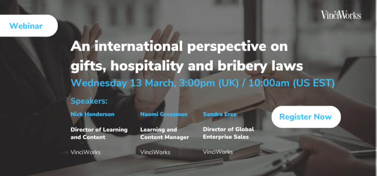Upcoming webinar: An international perspective on gifts, hospitality and bribery laws
