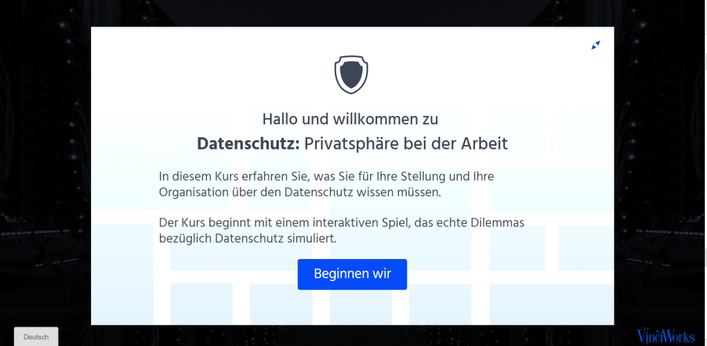 Opening screen of data protection course in German
