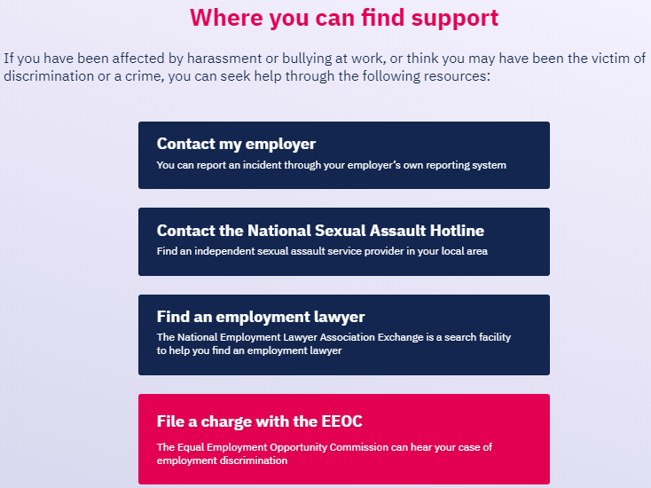 Screenshot of "Seek Help" section of VinciWorks' sexual harassment training