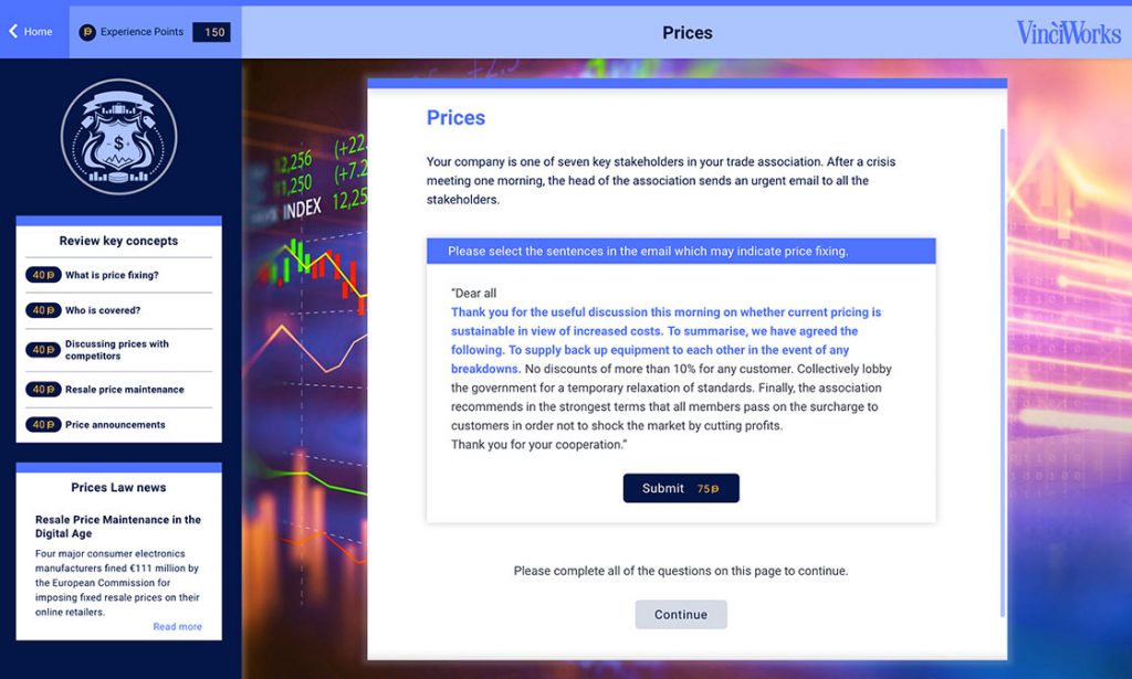 Screenshot of price fixing module in competition law course