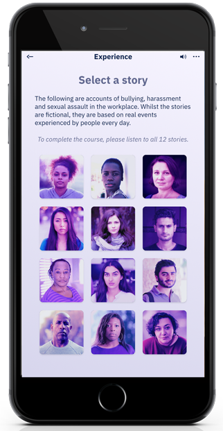 Screenshot of the bank of stories in MyStory harassment course