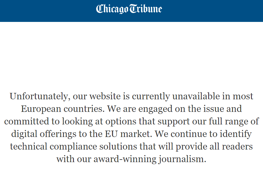 Screenshot of Chicago Tribune for EU residents