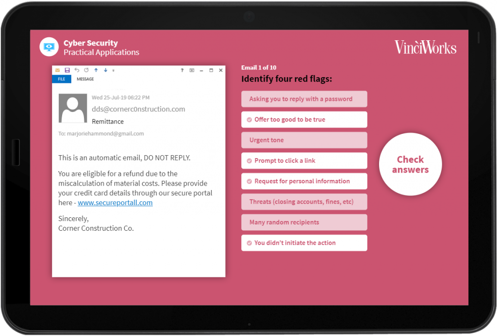 Screenshot of VinciWorks' interactive phishing training