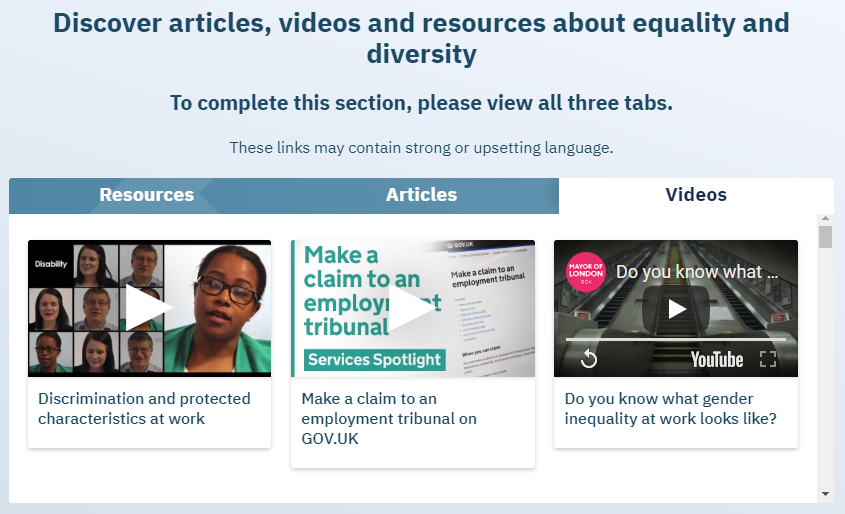 Screenshot of "Explore" section in diversity course