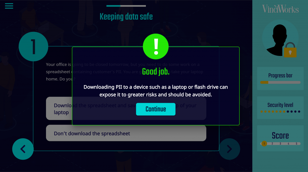 Screenshot of VinciWorks' data privacy game in the course