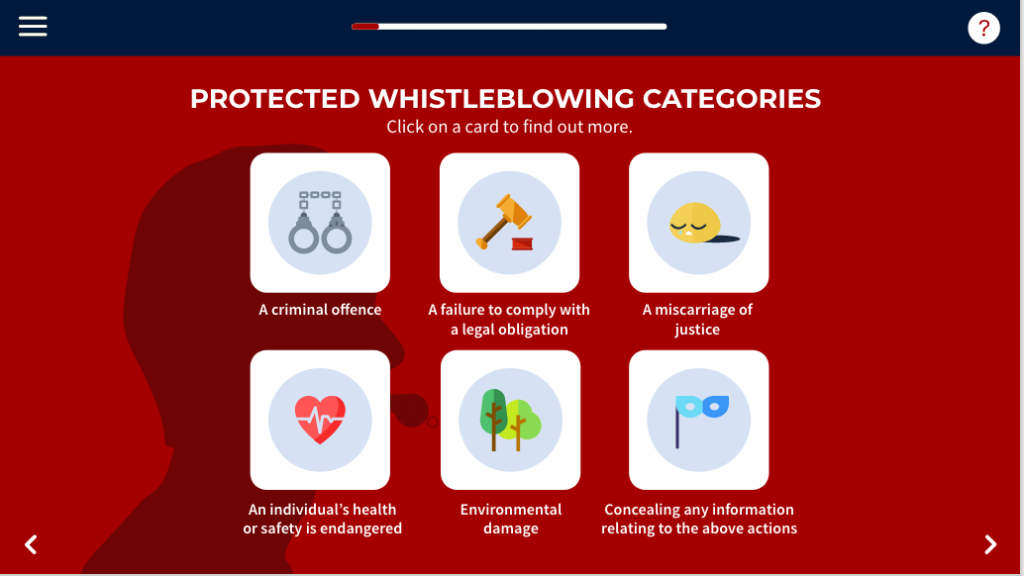 Screenshot of protected whistleblowing categories