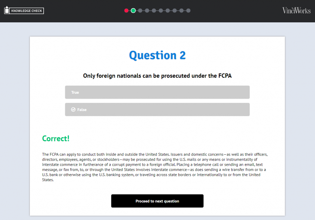 Screenshot of FCPA knowledge check