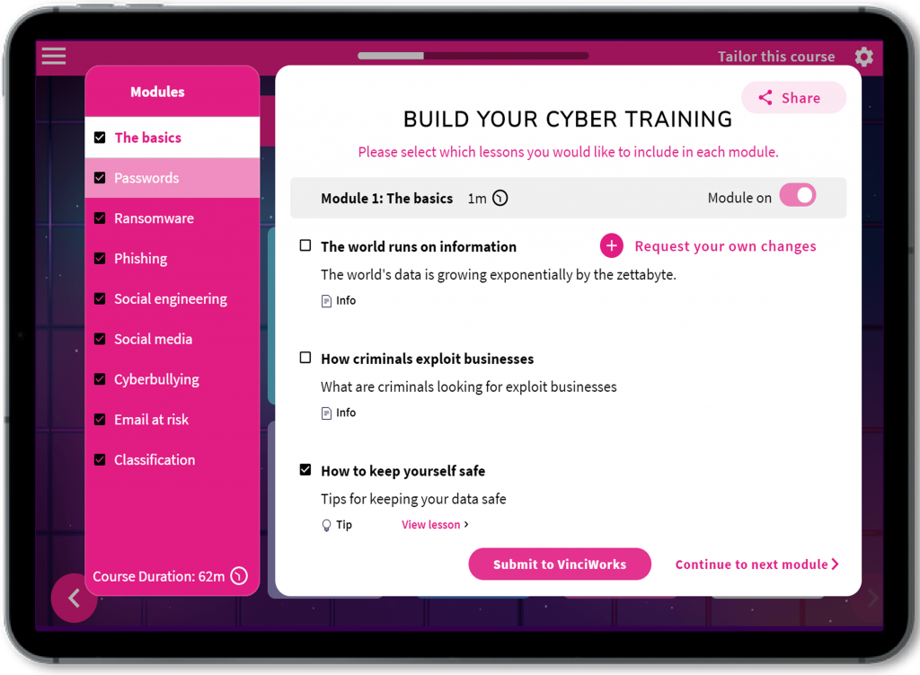 Example of the cyber security course builder