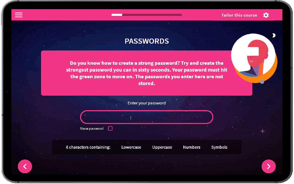 Gif showing passwords module in cyber training