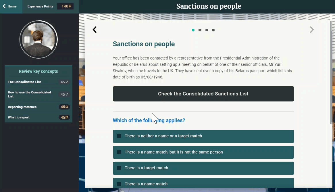 A gif showing how the sanctions course works