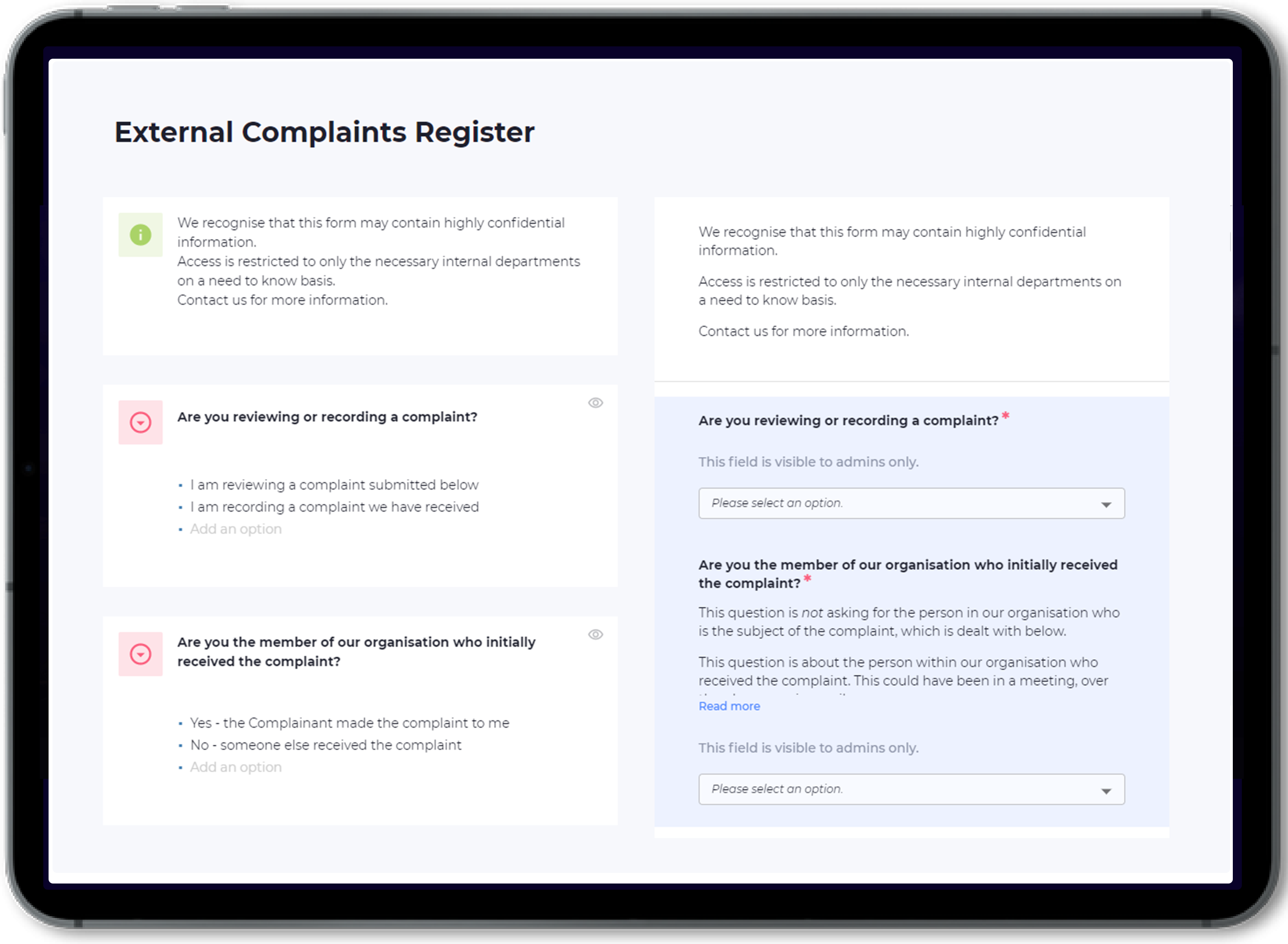 Complaints Registers Screenshot